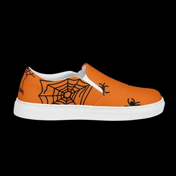 women's slip-on spider canvas shoes orange & black Halloween  fall spiderweb - Picture 8 of 14